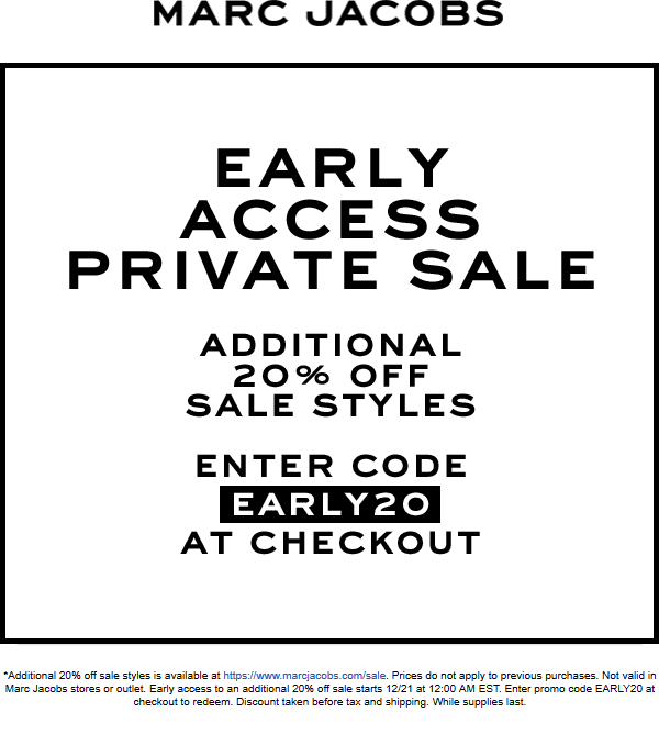 Marc Jacobs Coupon April 2024 Extra 20% off online at Marc Jacobs via promo code EARLY20