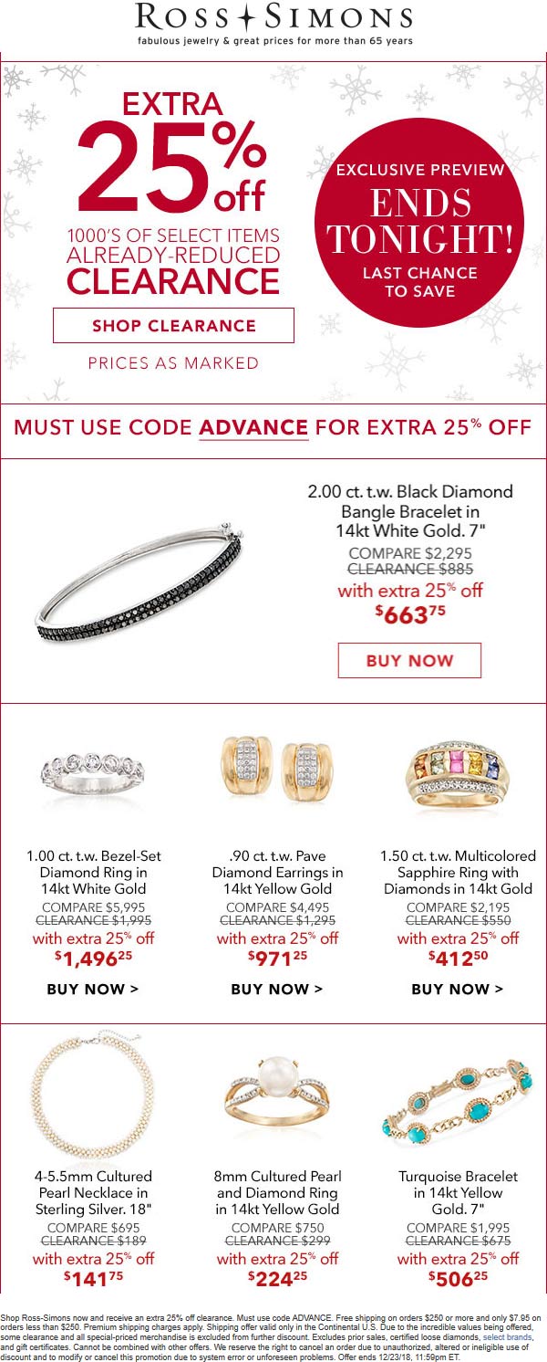 Ross Simons Coupon April 2024 Extra 25% off clearance online today at Ross Simons jewelers via promo code ADVANCE
