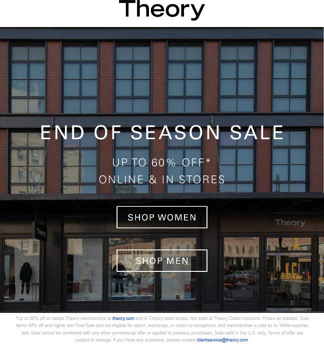 Theory Coupon April 2024 60% off sale going on at Theory, ditto online