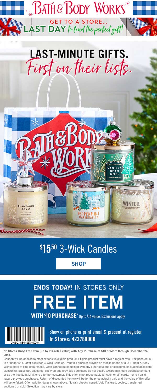 Bath & Body Works Coupon April 2024 $14 item free with $10 spent today at Bath & Body Works