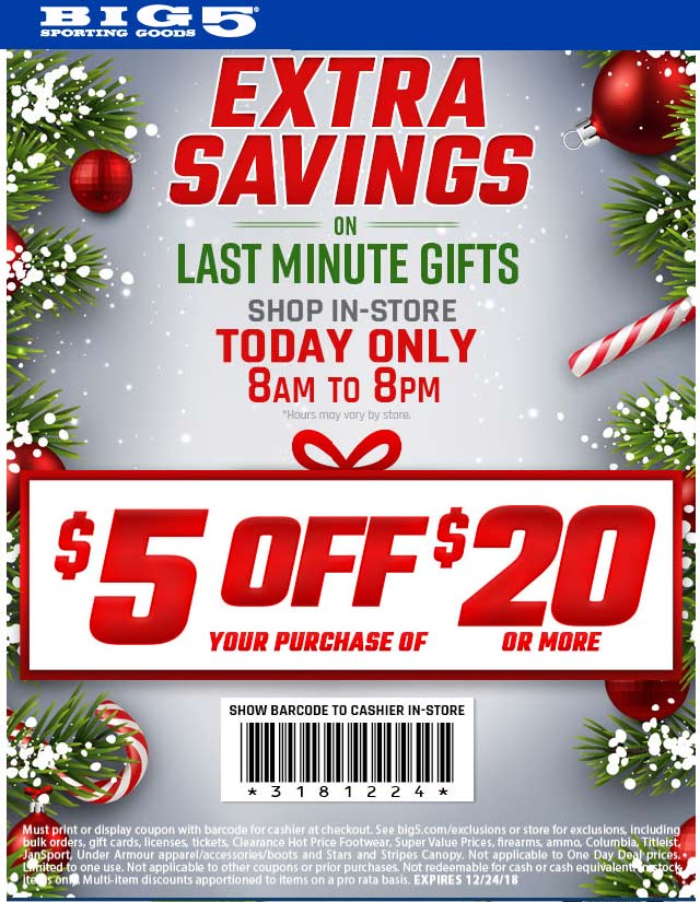 Big 5 Coupon March 2024 $5 off $20 today til 8pm at Big 5 sporting goods