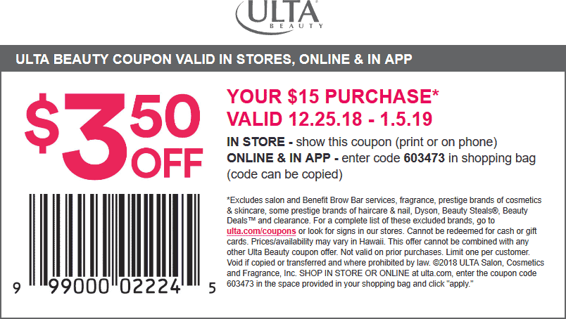 Ulta Coupon May 2024 $3.50 off $15 at Ulta Beauty, or online via promo code 603473