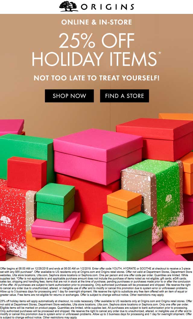 Origins Coupon April 2024 25% off holiday items at Origins, or online via promo code YOUTH