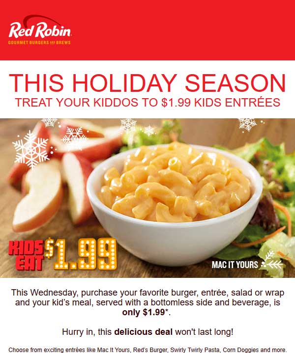 Red Robin Coupon April 2024 $2 kids meals today at Red Robin restaurants