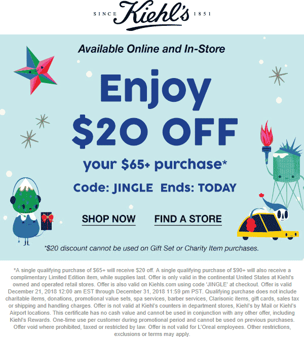 Kiehls Coupon May 2024 $20 off $65 today at Kiehls, or online via promo code JINGLE