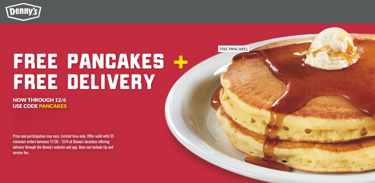 Free pancakes & delivery on 5+ spent at Dennys restaurants via promo