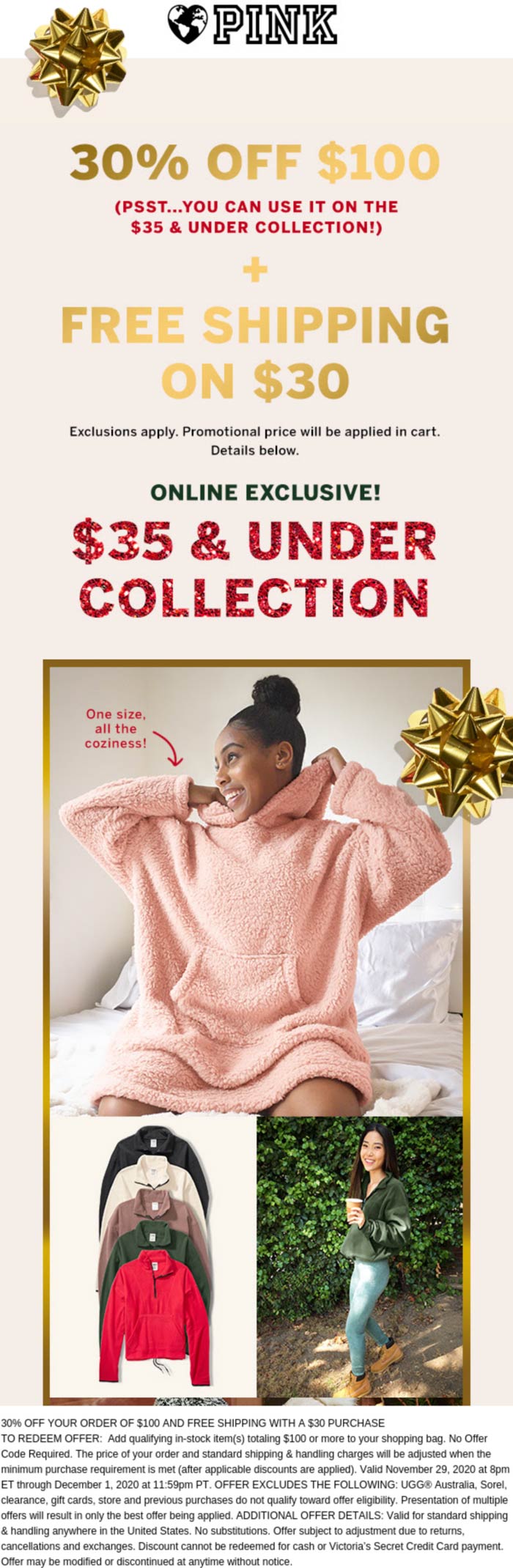 PINK stores Coupon  30% off $100 today at PINK, includes free shipping #pink 