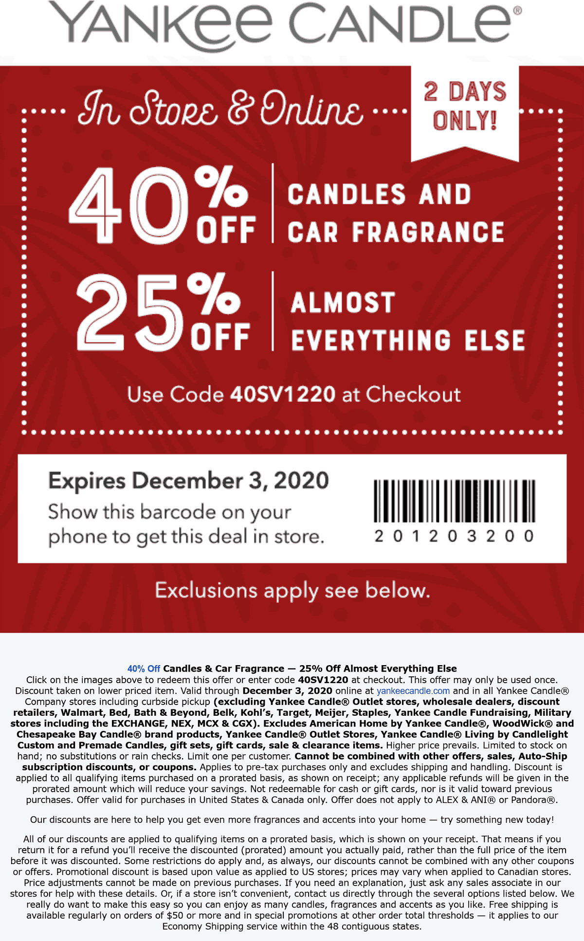 Yankee Candle stores Coupon  40% off candles, fragrance & more at Yankee Candle, or online via promo code 40SV1220 #yankeecandle 