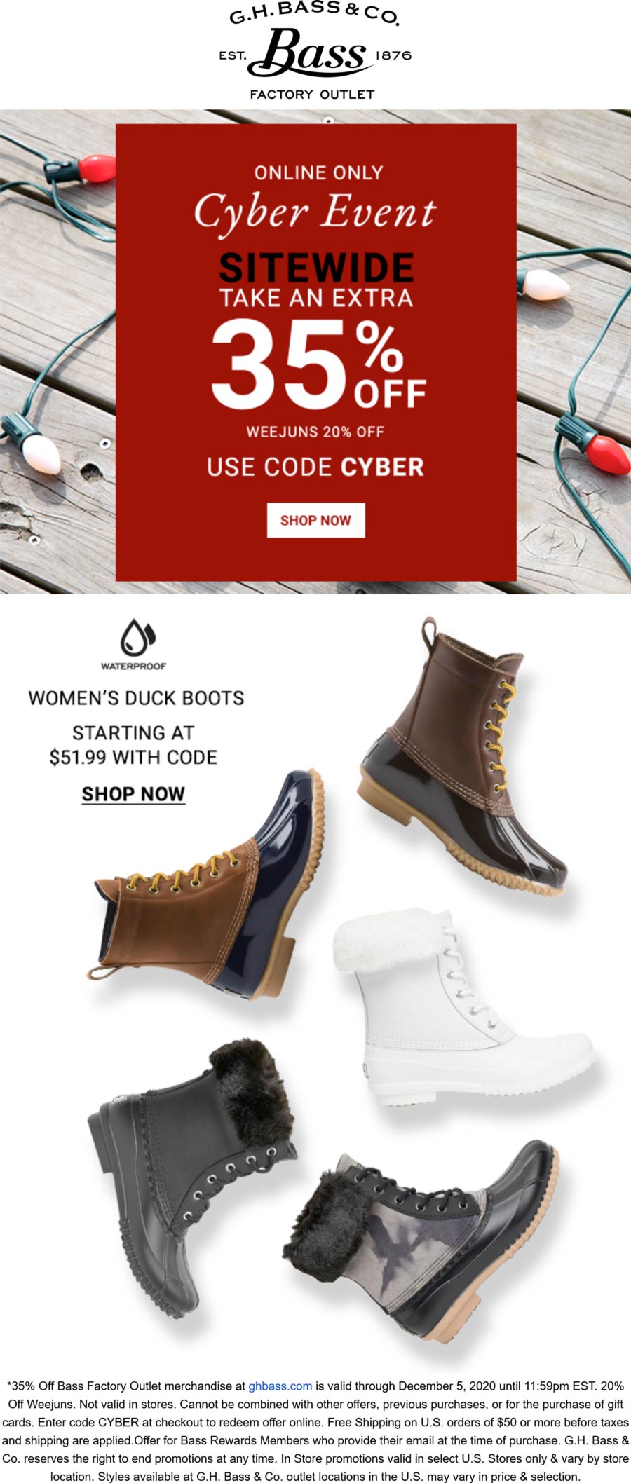 G.H. Bass & Co. Factory Outlet stores Coupon  Extra 35% off at G.H. Bass & Co. Factory Outlet via promo code CYBER #ghbasscofactoryoutlet 