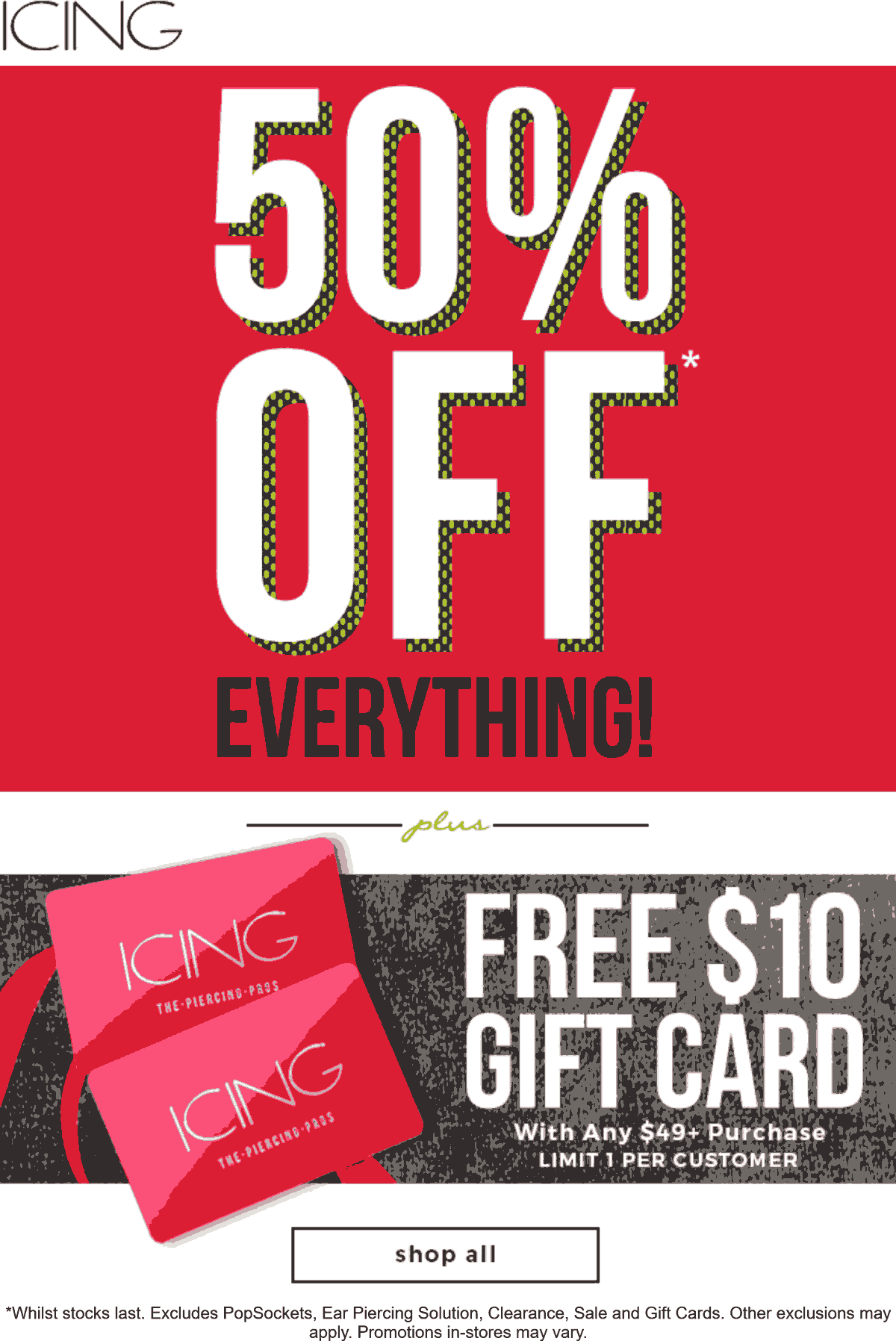 Icing stores Coupon  50% off everything online today at Icing fashion accessories #icing 