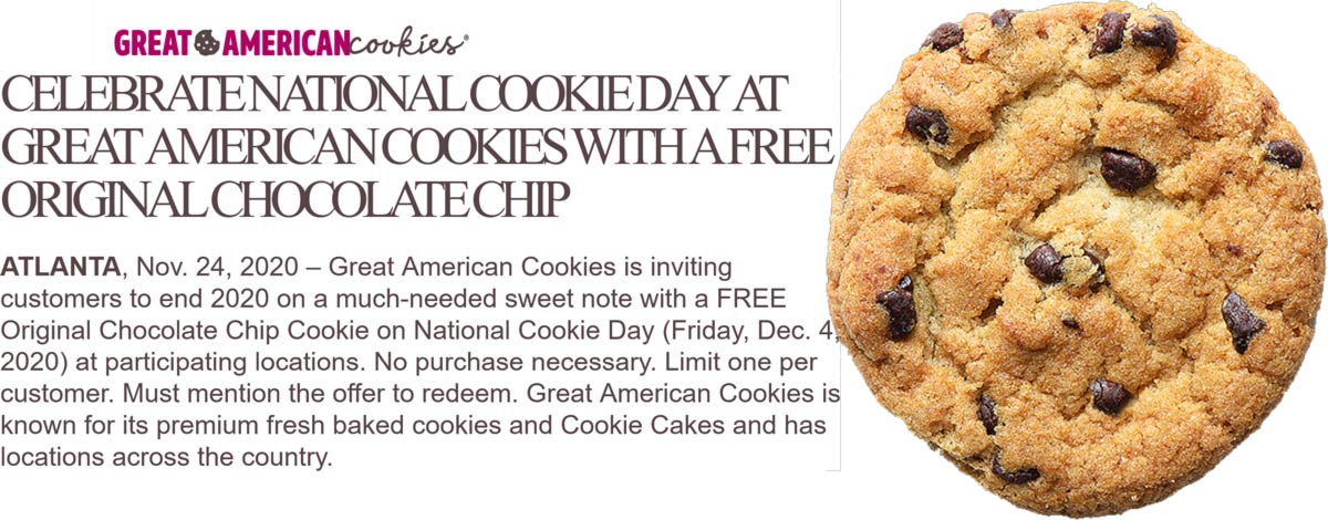 Great American Cookies restaurants Coupon  Free cookie today at Great American Cookies, no purchase necessary #greatamericancookies 