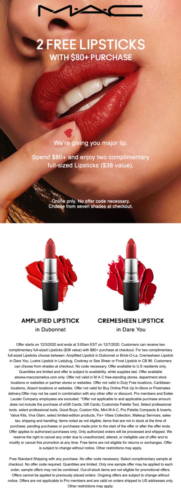 MAC stores Coupon  2 free full size lipsticks with $80 spent online at MAC cosmetics #mac 