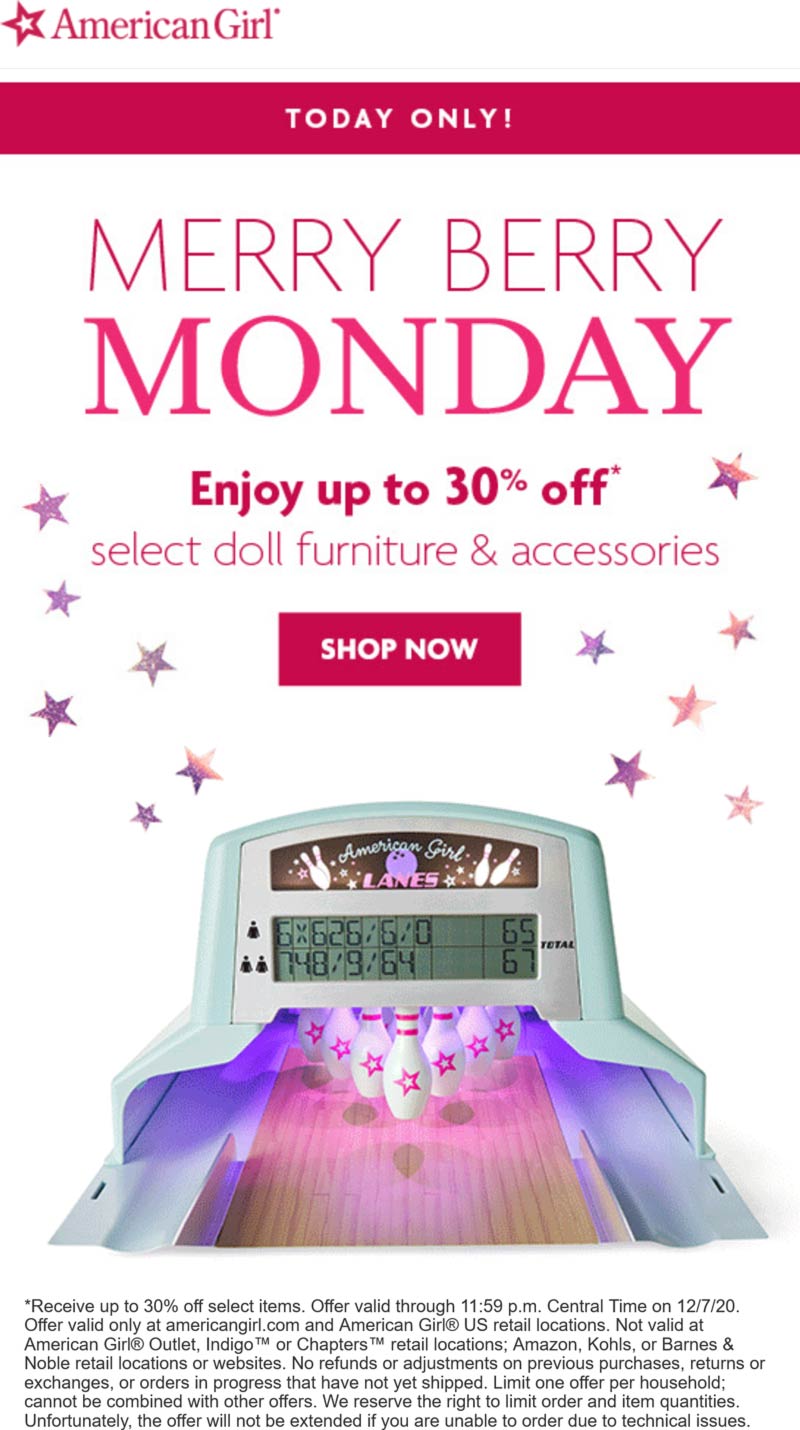 American Girl stores Coupon  30% off various doll furniture & accessories today at American Girl #americangirl 