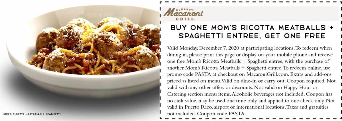 Macaroni Grill restaurants Coupon  Second ricotta meatballs & spaghetti entree free today at Macaroni Grill #macaronigrill 