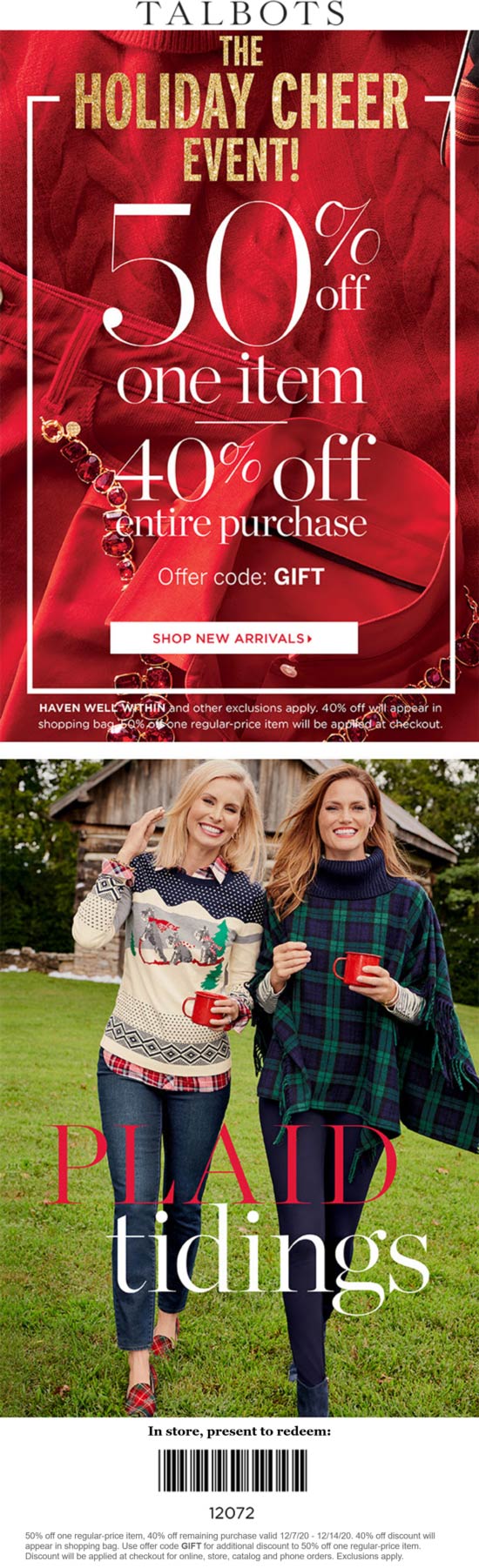 Talbots stores Coupon  50% off a single item & 40% off everything at Talbots, or online via promo code GIFT #talbots 