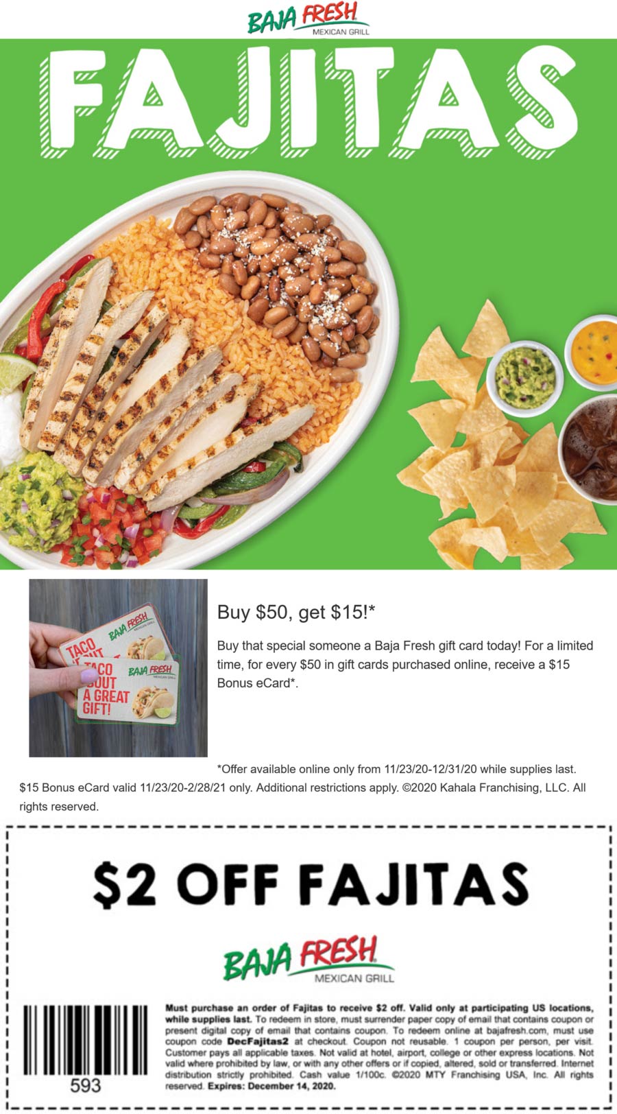 Baja Fresh restaurants Coupon  $2 off fajitas at Baja Fresh Mexican grill via promo code DecFajitas2 #bajafresh 