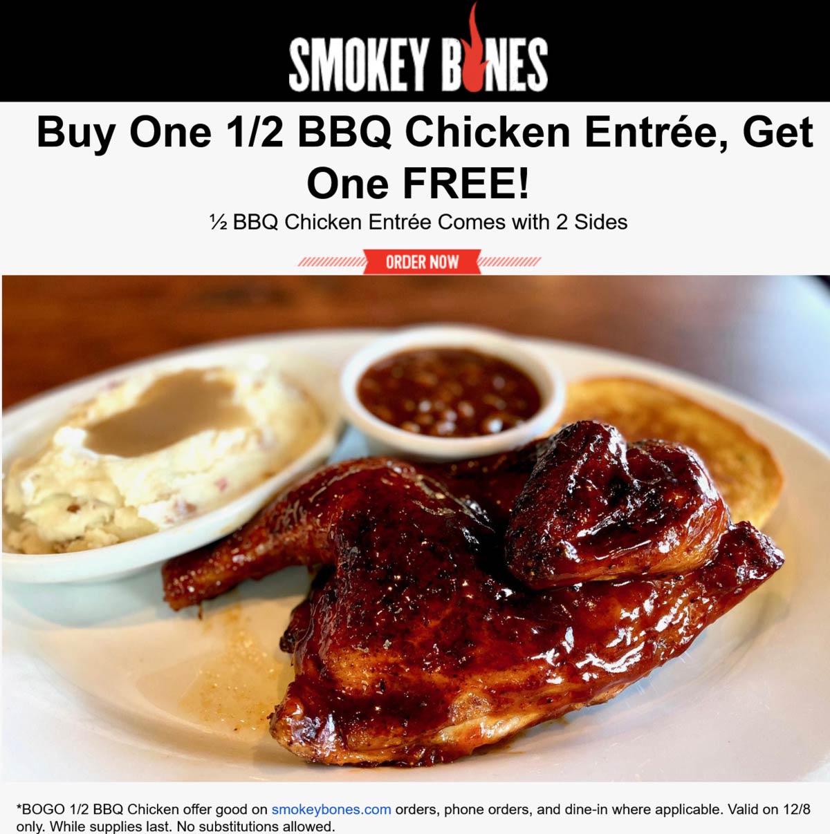 Smokey Bones restaurants Coupon  Second BBQ half chicken meal free today at Smokey Bones #smokeybones 