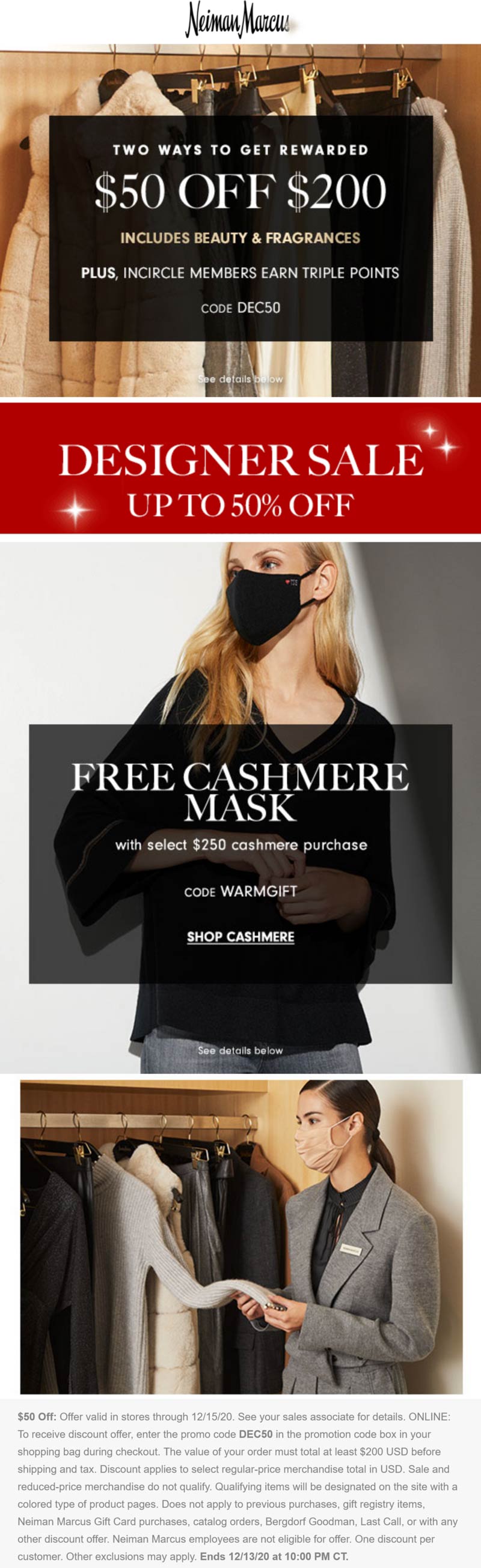 Neiman Marcus stores Coupon  $50 off $200 & free cashmere mask on $250 at Neiman Marcus via promo code DEC50 and WARMGIFT #neimanmarcus 