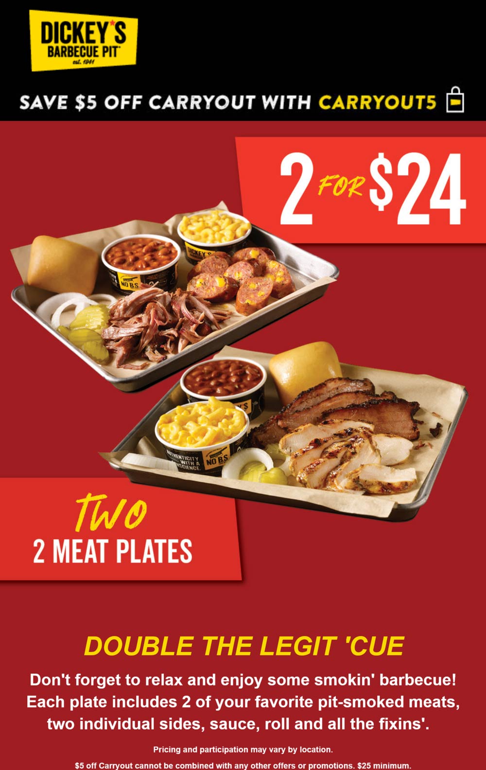 Dickeys Barbecue Pit restaurants Coupon  $5 off carryout at Dickeys Barbecue Pit restaurants via promo code CARRYOUT5 #dickeysbarbecuepit 