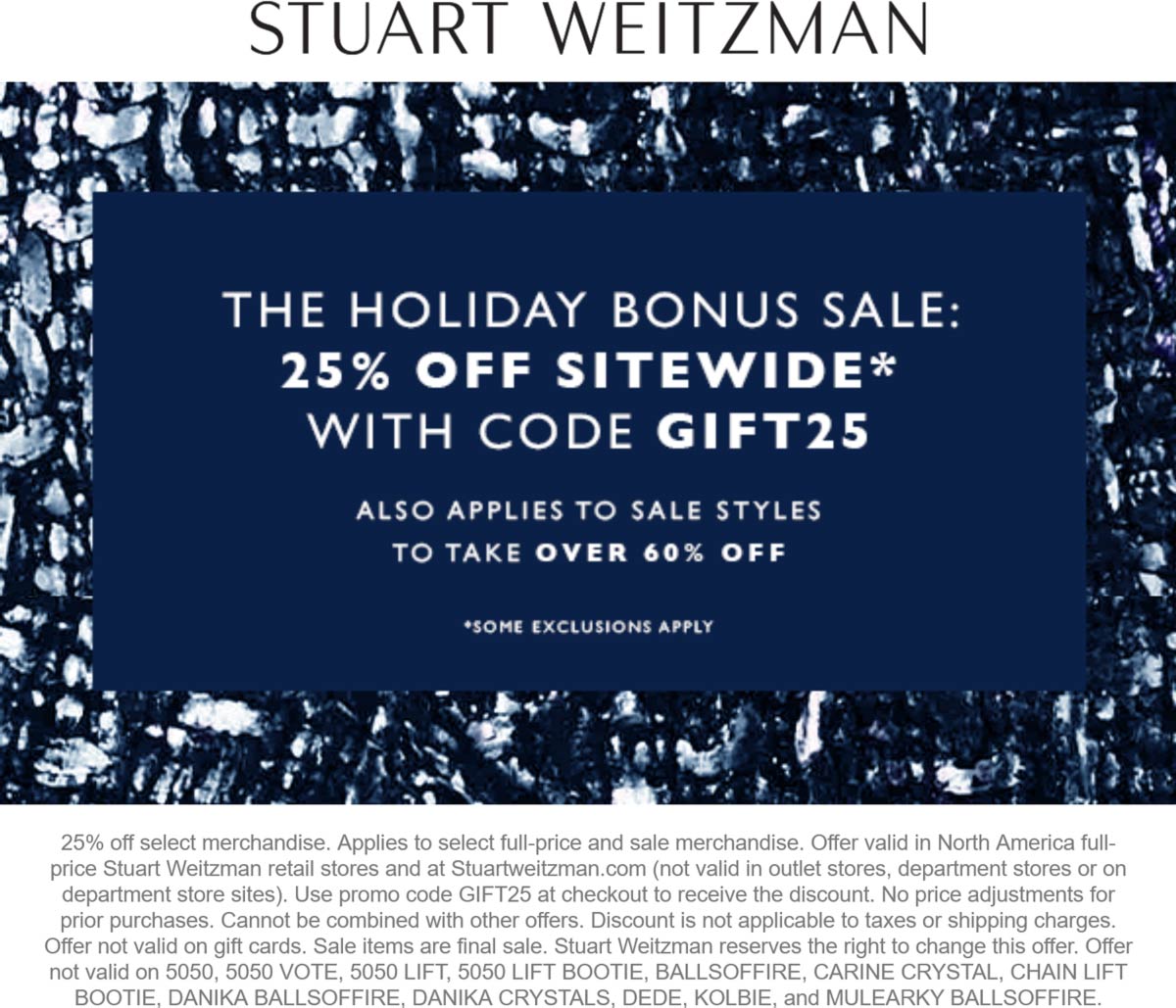 Stuart Weitzman stores Coupon  25% off at Stuart Weitzman via promo code GIFT25 #stuartweitzman 