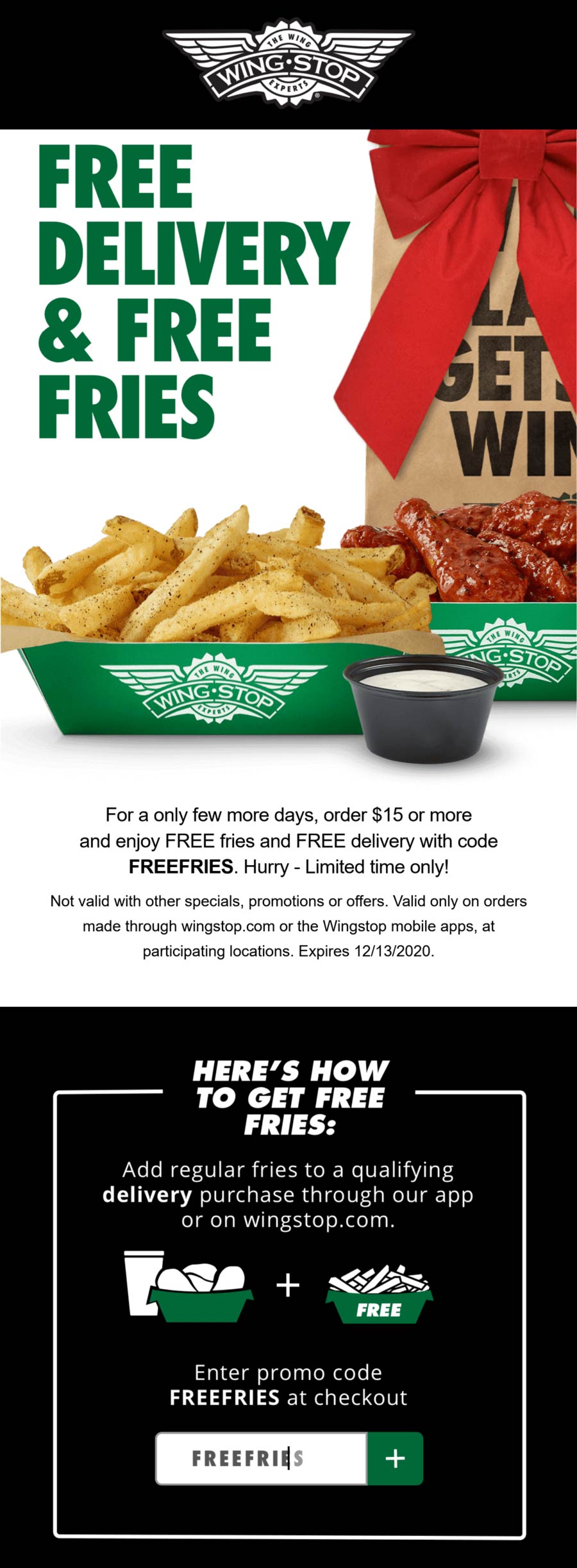 Wingstop restaurants Coupon  Free fries & delivery at Wingstop via promo code FREEFRIES #wingstop 