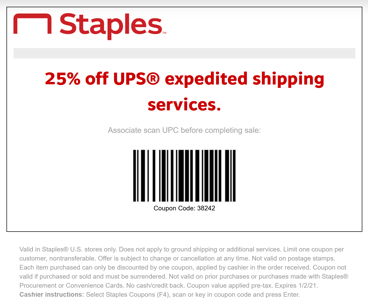 25 off UPS expedited shipping services at Staples staples The Coupons App®