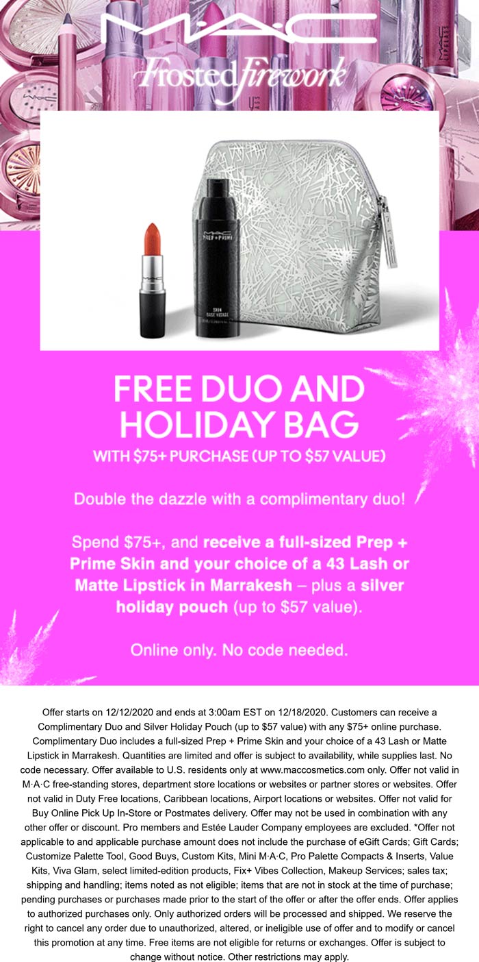 MAC stores Coupon  Free duo & holiday bag with $75 spent at MAC cosmetics #mac 