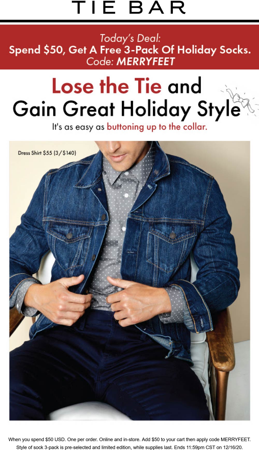 Tie Bar restaurants Coupon  3pk socks free with $50 spent today at Tie Bar via promo code MERRYFEET #tiebar 