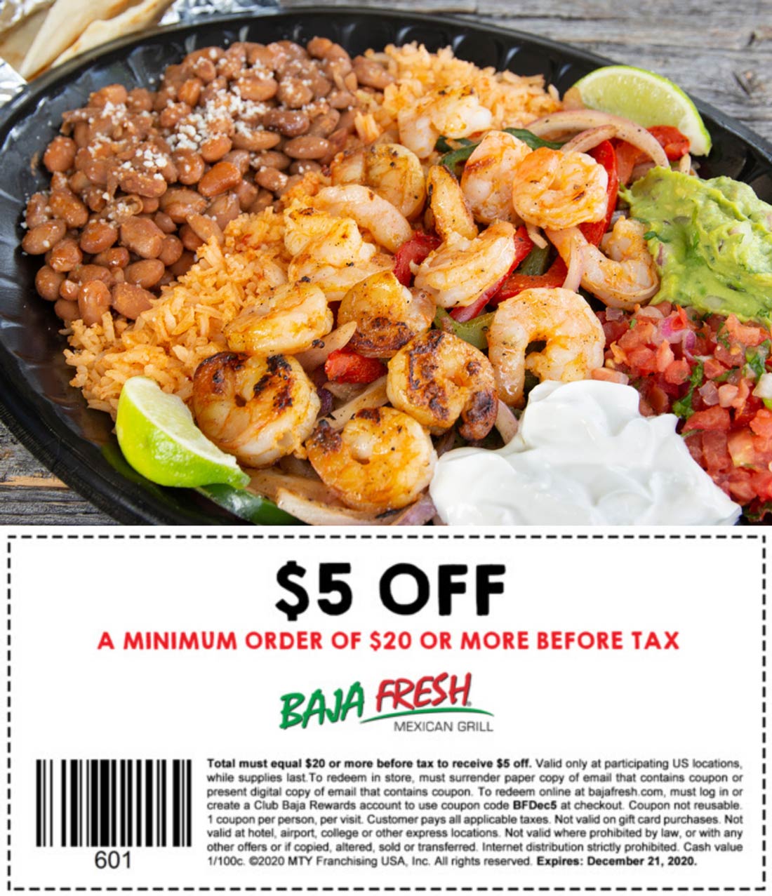Baja Fresh restaurants Coupon  $5 off $20 at Baja Fresh Mexican grill via promo code BFDec5 #bajafresh 