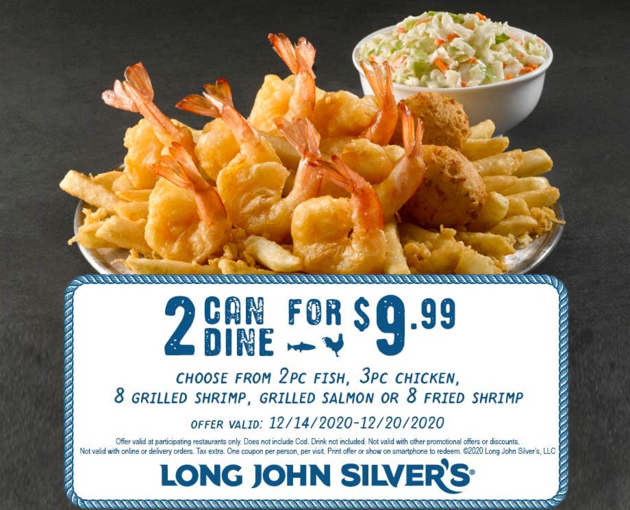 Long John Silvers restaurants Coupon  Fish chicken salmon or shrimp, 2 can dine for $10 at Long John Silvers #longjohnsilvers 