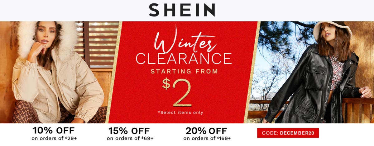 SHEIN stores Coupon  $2 clearance & 10-20% off $29+ at SHEIN via promo code DECEMBER20 #shein 