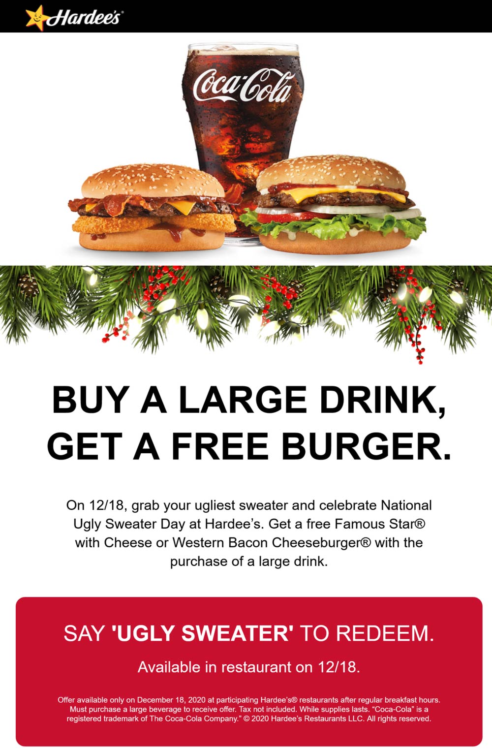 Hardees restaurants Coupon  Free western bacon cheeseburger with your drink today at Hardees #hardees 