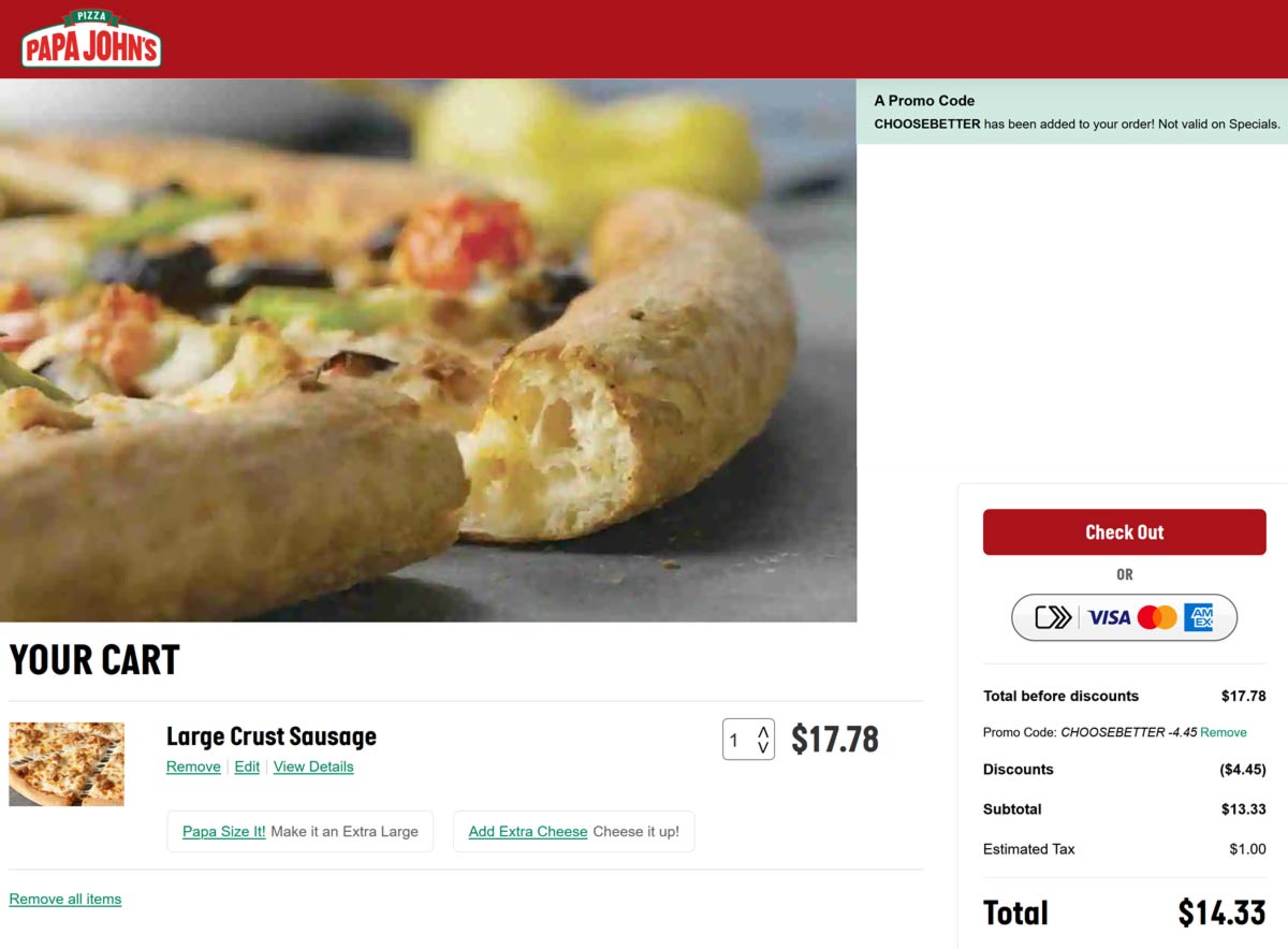Papa Johns restaurants Coupon  25% off pizza at Papa Johns via promo code CHOOSEBETTER #papajohns 
