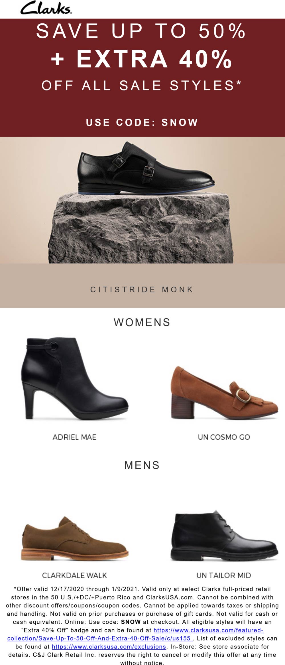 Clarks stores Coupon  Extra 40% off sale items at Clarks shoes, or online via promo code SNOW #clarks 