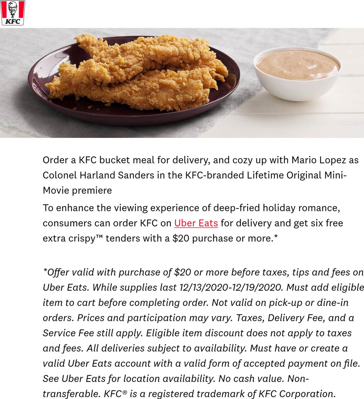 KFC restaurants Coupon  6pc tenders free with your $20 delivery bucket today at KFC #kfc 