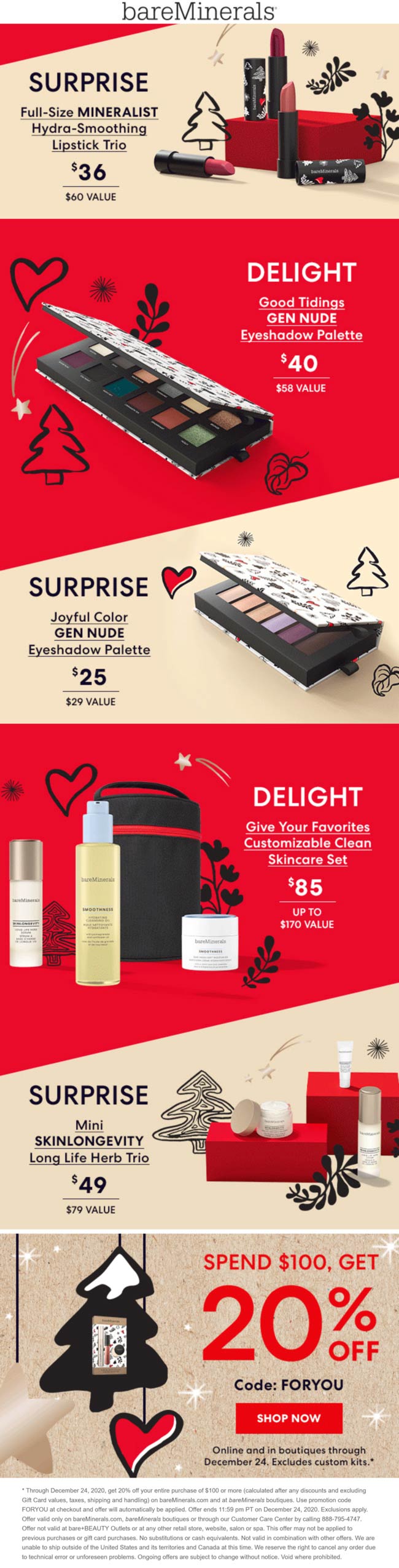 bareMinerals stores Coupon  20% off $100 at bareMinerals, or online via promo code FORYOU #bareminerals 