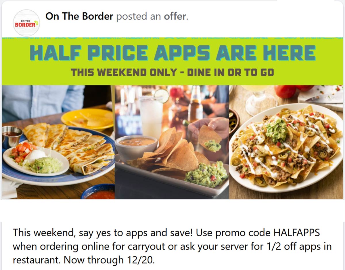 On The Border restaurants Coupon  50% off appetizers today at On The Border Mexican restaurants #ontheborder 