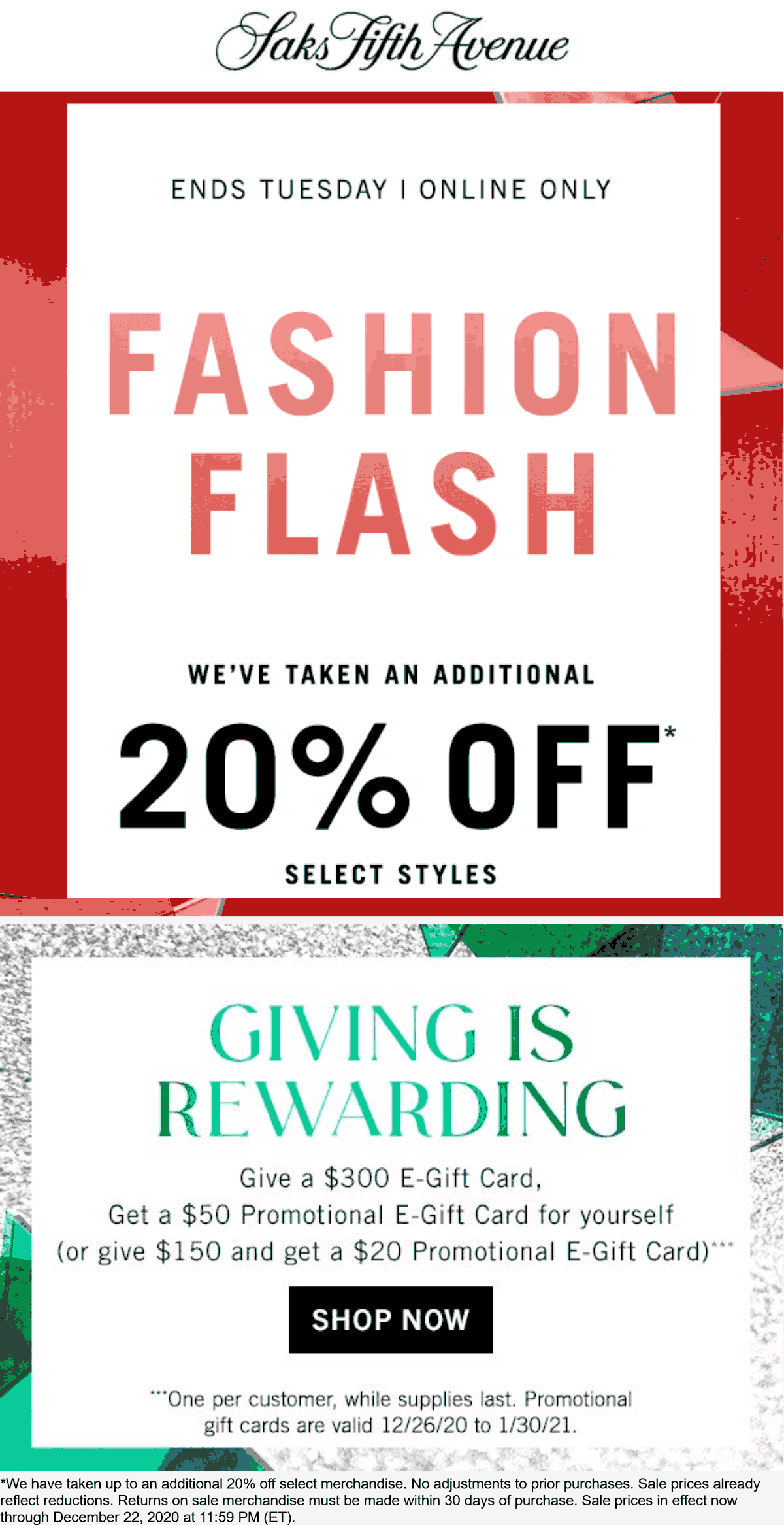 [August, 2021] Extra 20 off online at Saks Fifth Avenue 