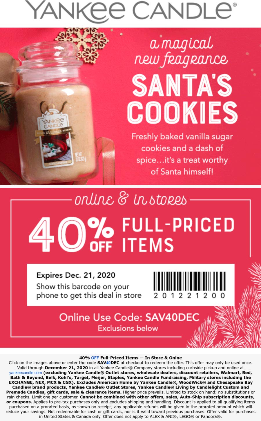 Yankee Candle stores Coupon  40% off at Yankee Candle, or online via promo code SAV40DEC #yankeecandle 