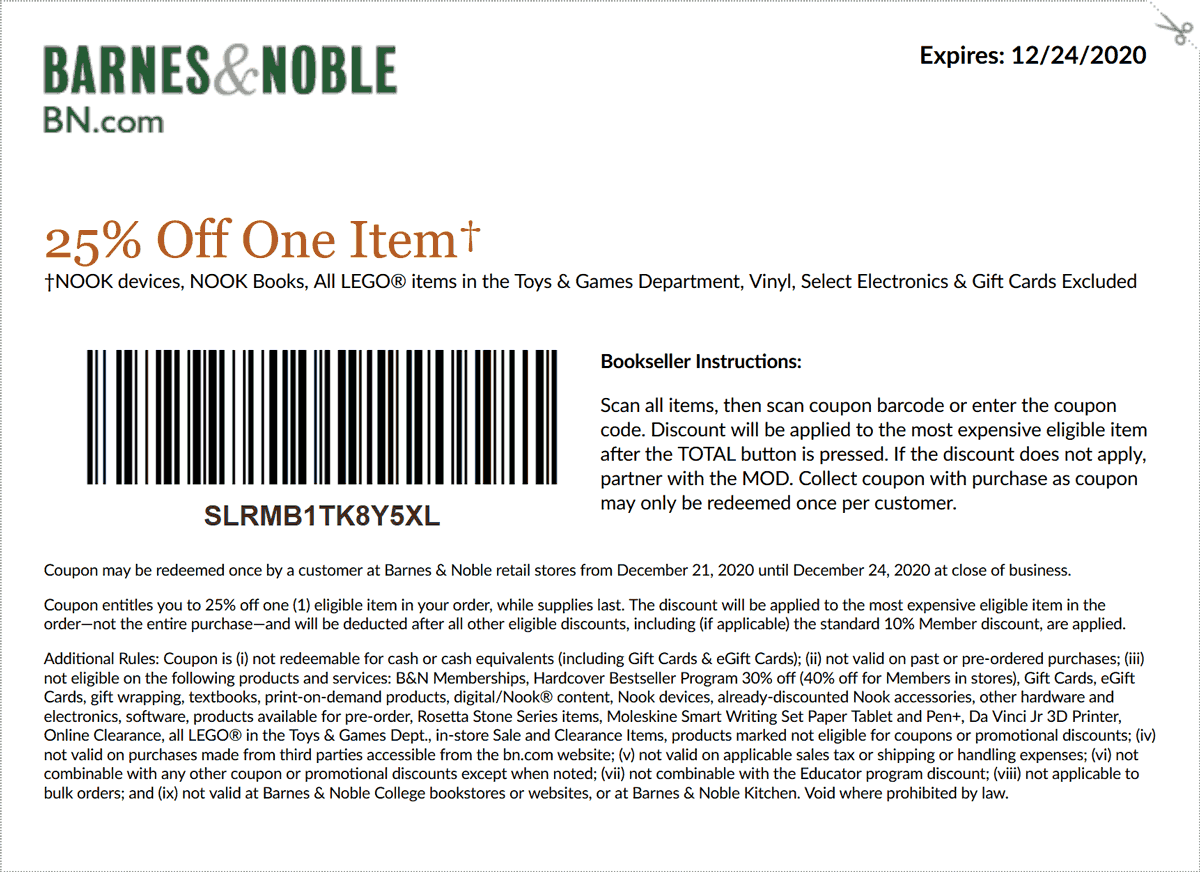 25 off a single item at Barnes & Noble bookstore barnesnoble The