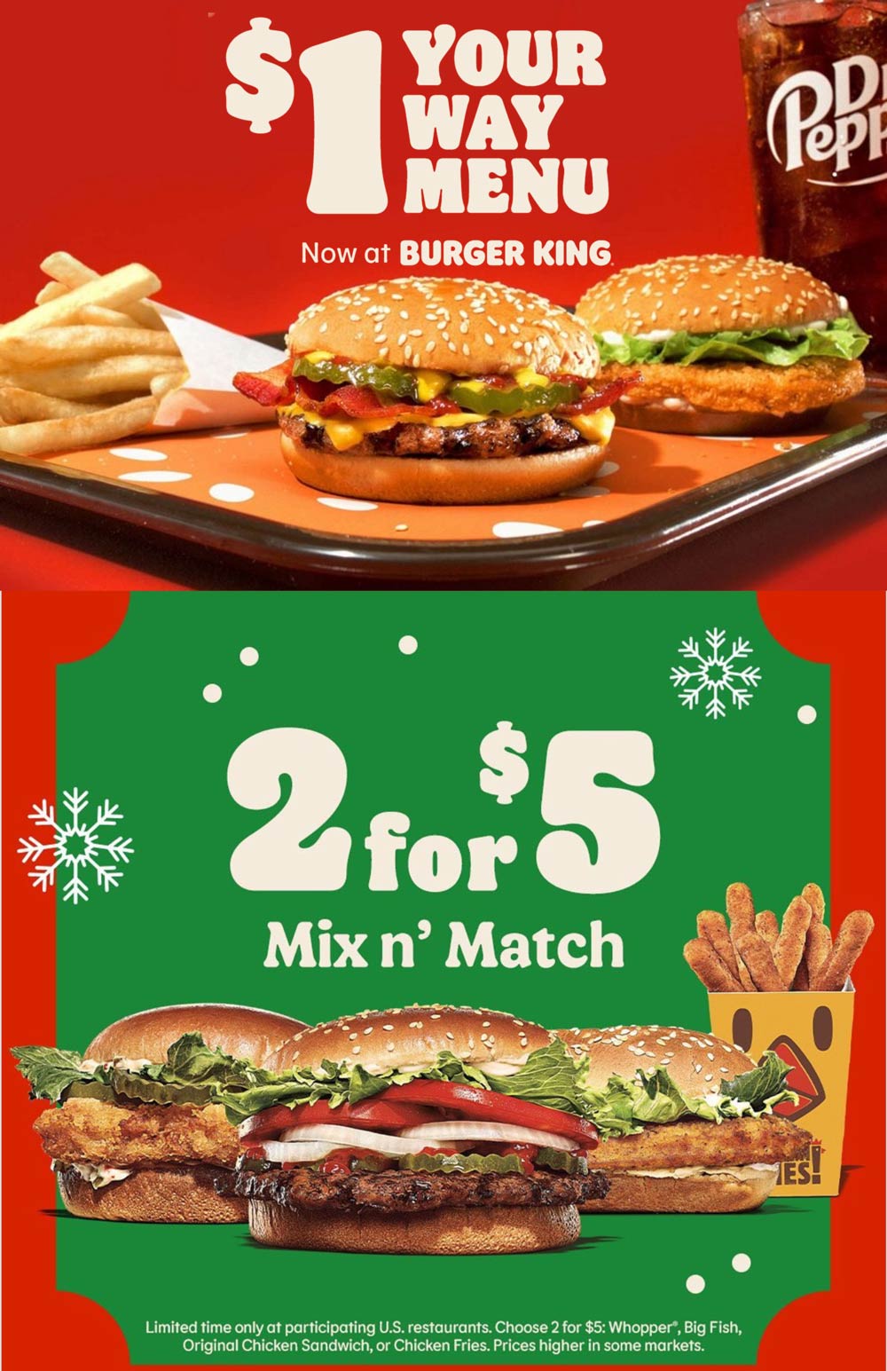 Burger King restaurants Coupon  Bacon cheeseburger, chicken jr. sandwich, fries or drink = $1 each at Burger King #burgerking 