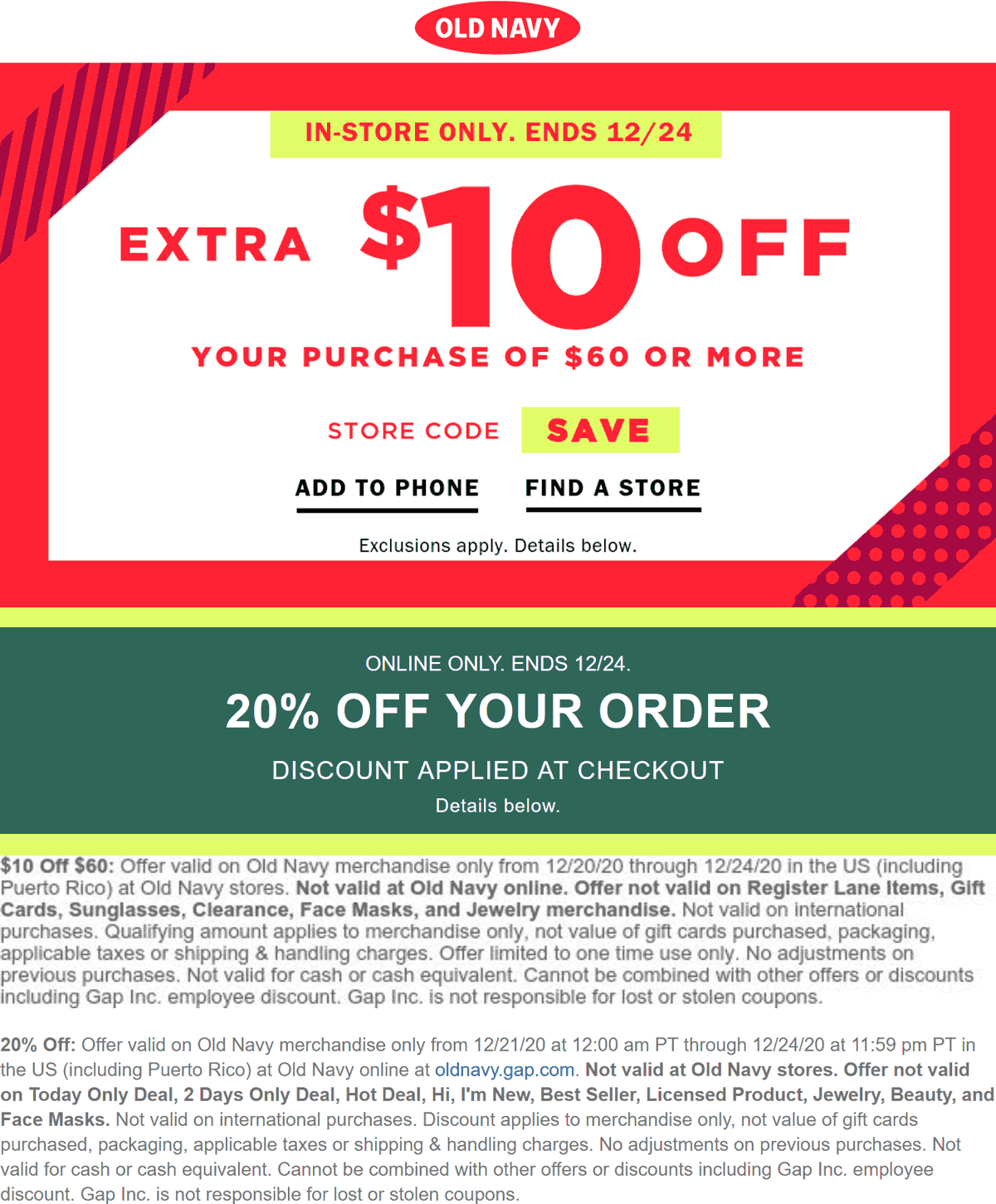 Old Navy stores Coupon  $10 off $60 at Old Navy, or 20% online #oldnavy 