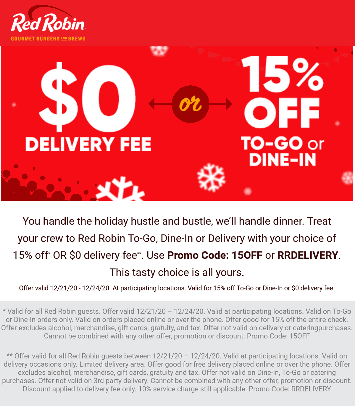 Red Robin restaurants Coupon  15% off & more at Red Robin restaurants via promo code 15OFF or RRDELIVERY #redrobin 