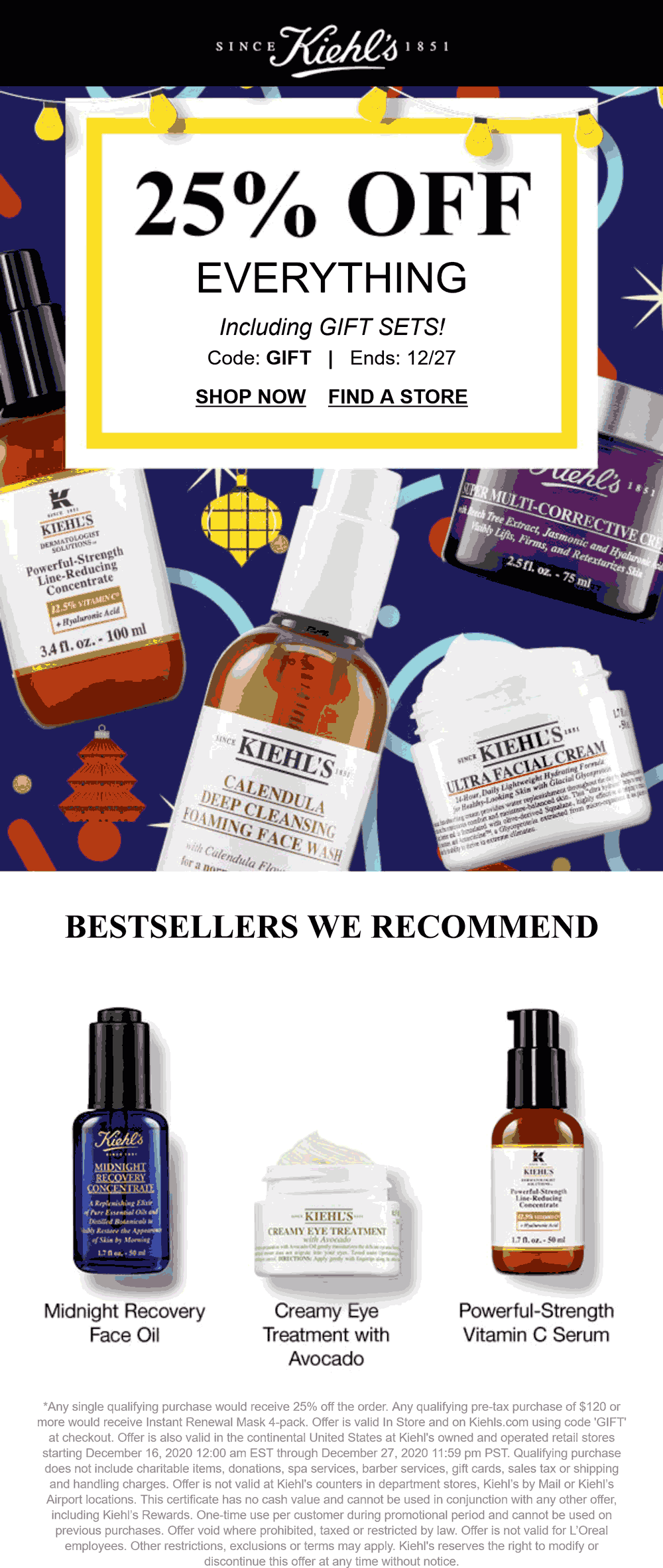 Kiehls stores Coupon  25% off everything at Kiehls, or online via promo code GIFT #kiehls 