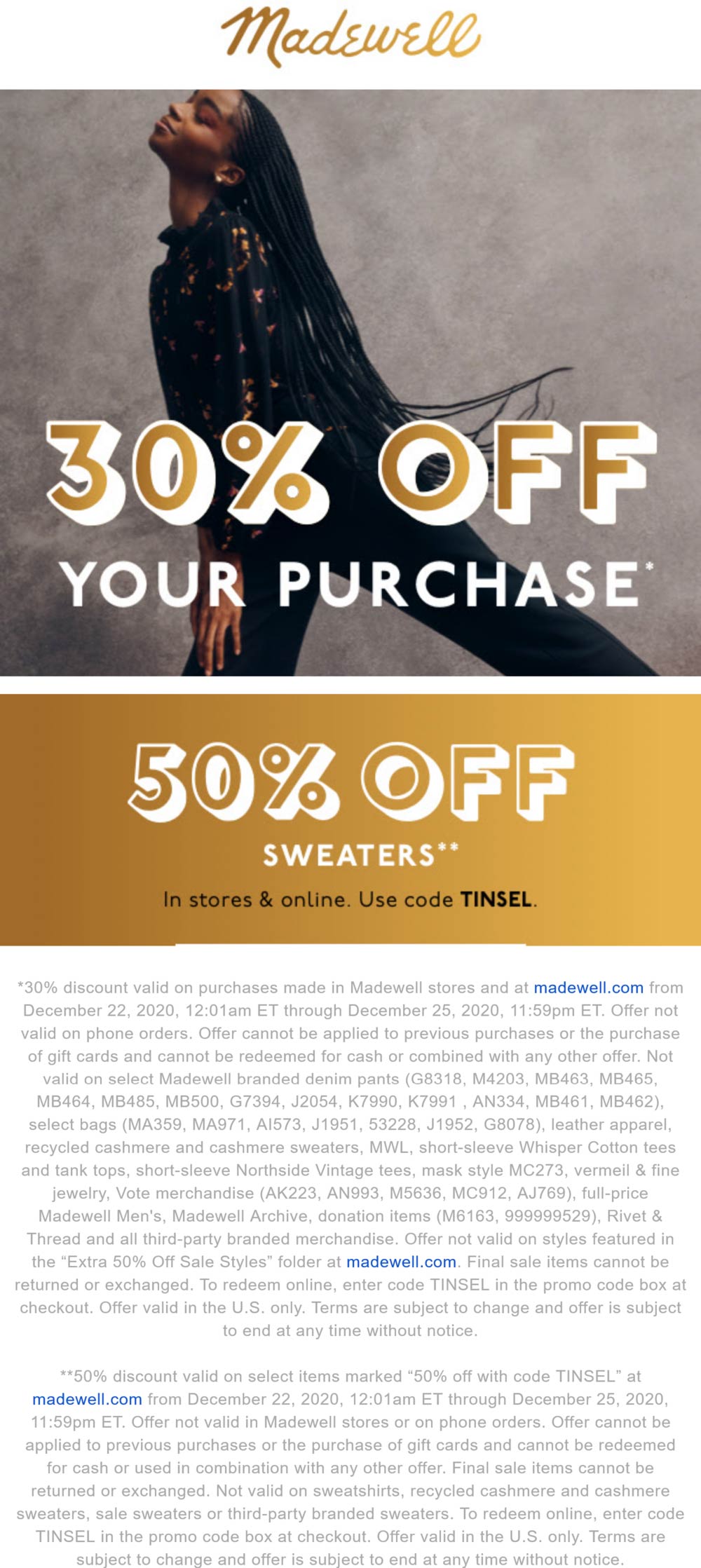 Madewell stores Coupon  30-50% off at Madewell via promo code TINSEL #madewell 