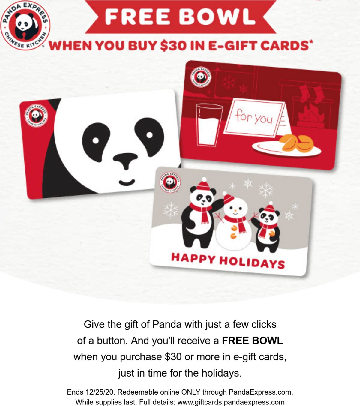 Free bowl with 30 in egift cards at Panda Express restaurants 