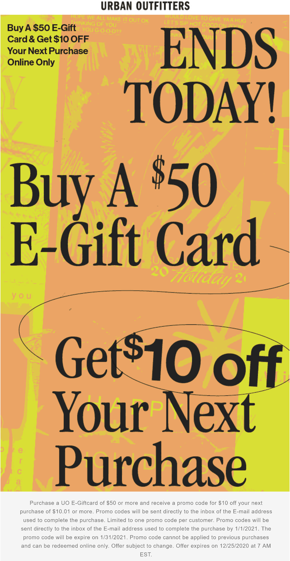 Urban Outfitters stores Coupon  $10 off followup with $50 gift card today at Urban Outfitters #urbanoutfitters 