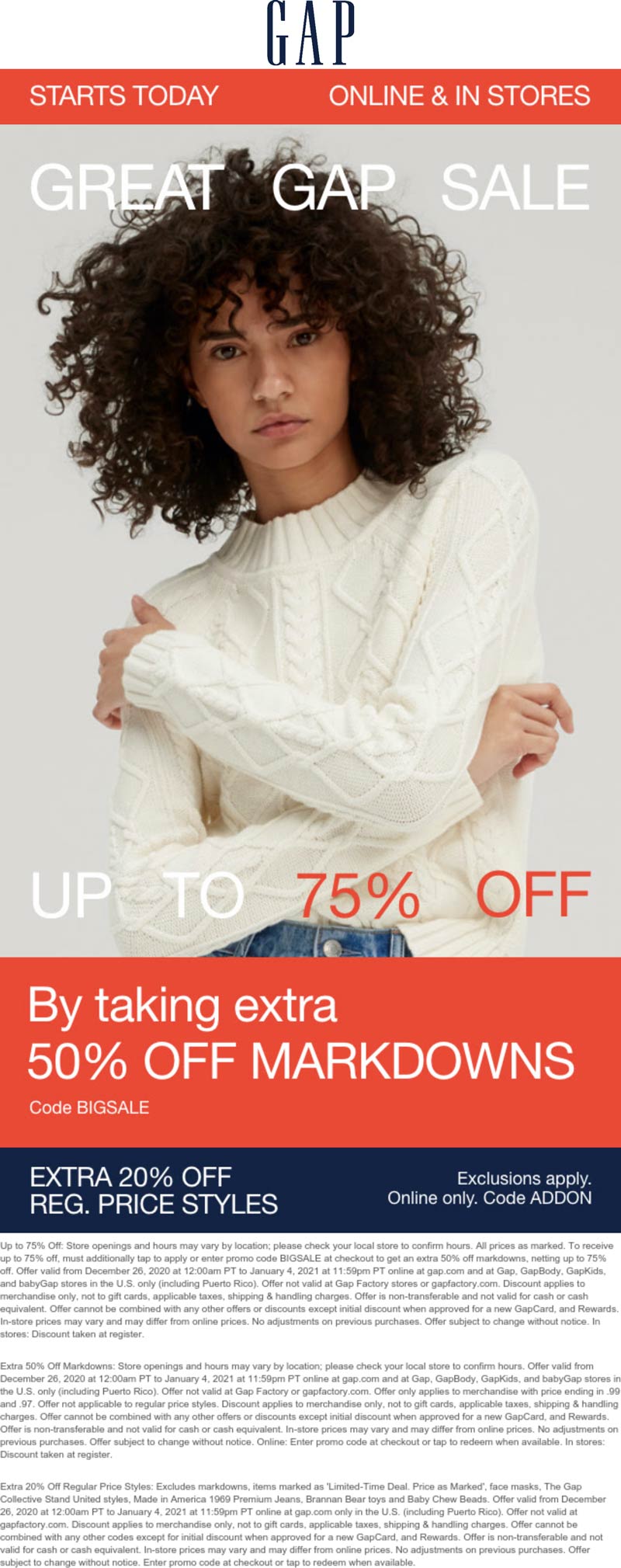 Gap stores Coupon  Extra 20-50% off at Gap, or online via promo code ADDON #gap 