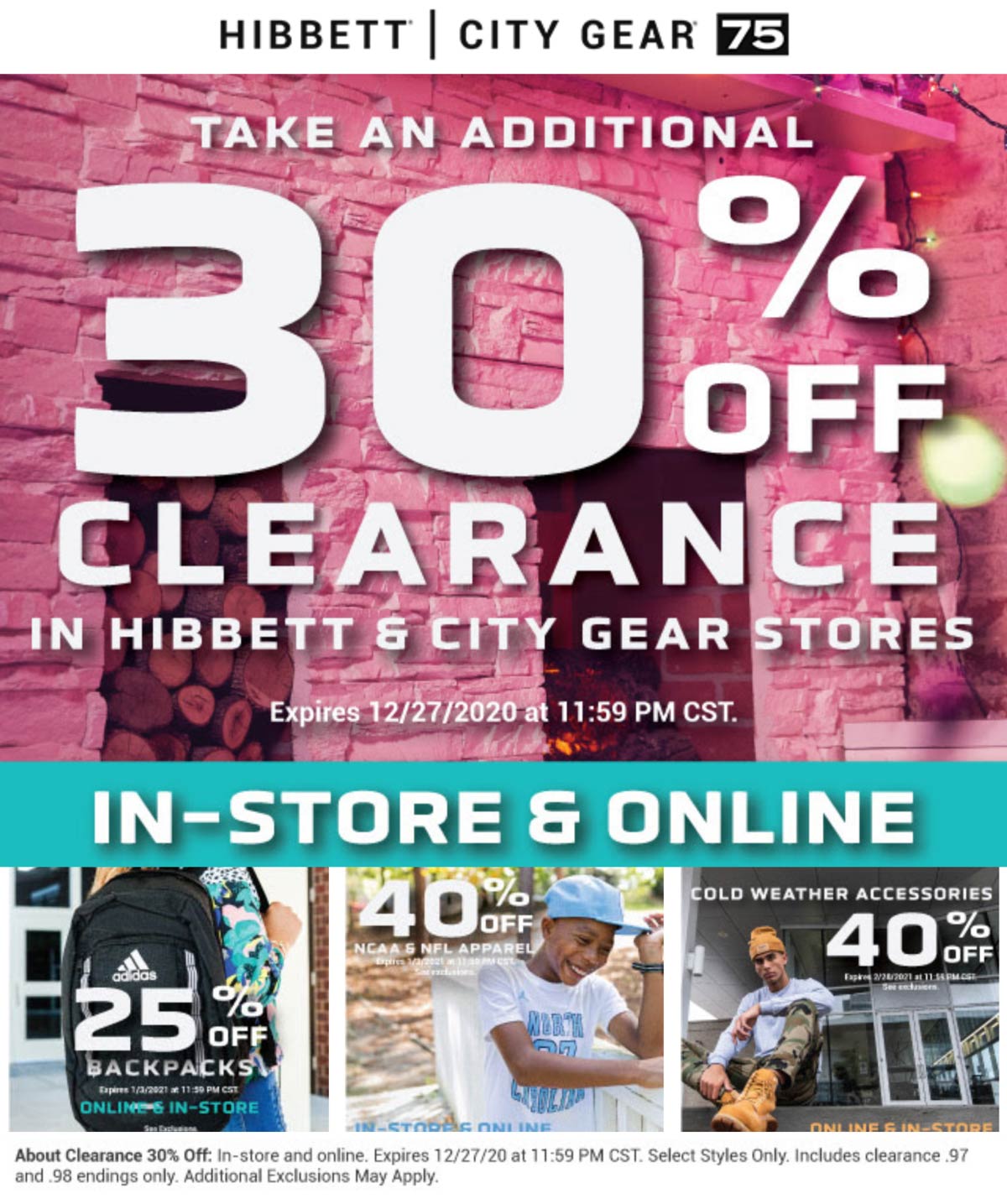 Hibbett stores Coupon  Extra 30% off clearance at Hibbett sports & City Gear, ditto online #hibbett 