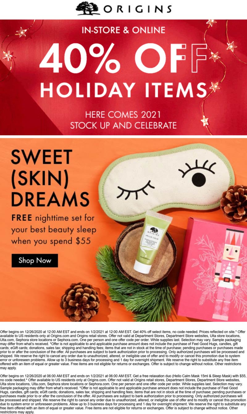 Origins stores Coupon  40% off holiday items at Origins, also free nighttime set with $55 spent online #origins 